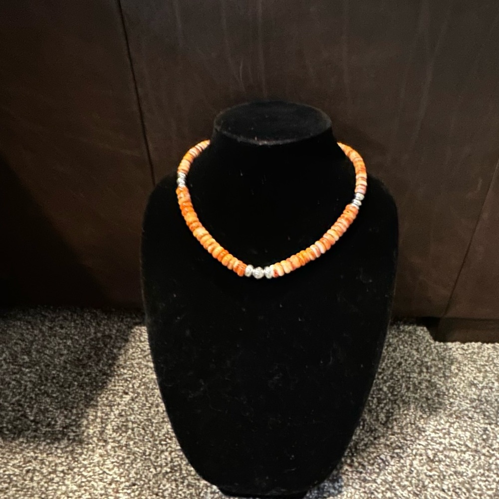 Handmade “One of a Kind” Orange Spiny Oyster and Sterling Silver Beaded Necklace - Picture 1 of 4